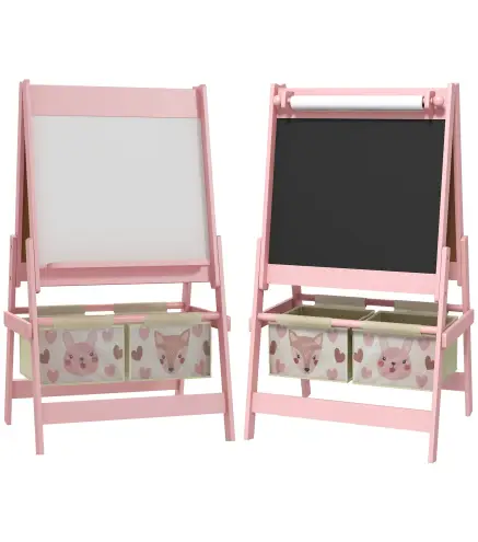 Caballete Infantil 3 en 1 Caballete para Niños de Doble Cara con Rollo de Papel Pizarras y 2 Cestas 54x46,5x93 cm Rosa