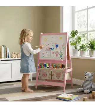 Caballete Infantil 3 en 1 Caballete para Niños de Doble Cara con Rollo de Papel Pizarras y 2 Cestas 54x46,5x93 cm Rosa