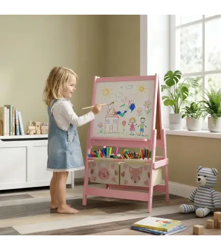 Caballete Infantil 3 en 1 Caballete para Niños de Doble Cara con Rollo de Papel Pizarras y 2 Cestas 54x46,5x93 cm Rosa