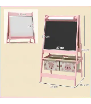 Caballete Infantil 3 en 1 Caballete para Niños de Doble Cara con Rollo de Papel Pizarras y 2 Cestas 54x46,5x93 cm Rosa
