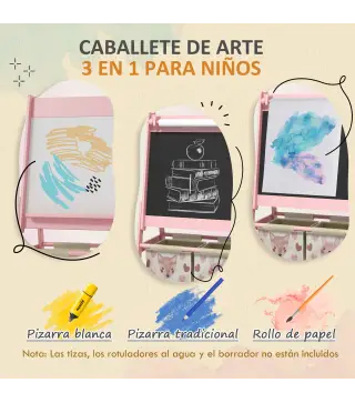 Caballete Infantil 3 en 1 Caballete para Niños de Doble Cara con Rollo de Papel Pizarras y 2 Cestas 54x46,5x93 cm Rosa