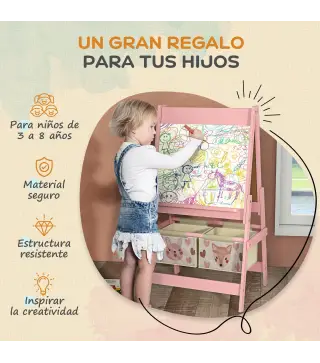 Caballete Infantil 3 en 1 Caballete para Niños de Doble Cara con Rollo de Papel Pizarras y 2 Cestas 54x46,5x93 cm Rosa