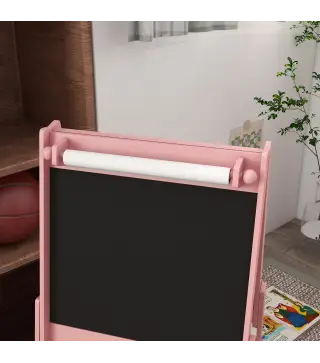 Caballete Infantil 3 en 1 Caballete para Niños de Doble Cara con Rollo de Papel Pizarras y 2 Cestas 54x46,5x93 cm Rosa