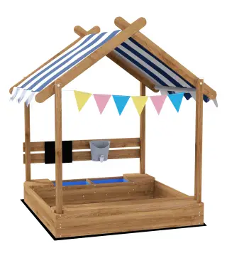 Arenero Infantil con Toldo 6 Banderines 2 Bandejas Grifo y Pizarra en Forma de Casa para Patio 124x116x146 cm Marrón