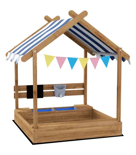 Arenero Infantil con Toldo 6 Banderines 2 Bandejas Grifo y Pizarra en Forma de Casa para Patio 124x116x146 cm Marrón