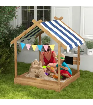 Arenero Infantil con Toldo 6 Banderines 2 Bandejas Grifo y Pizarra en Forma de Casa para Patio 124x116x146 cm Marrón