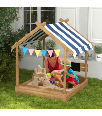 Arenero Infantil con Toldo 6 Banderines 2 Bandejas Grifo y Pizarra en Forma de Casa para Patio 124x116x146 cm Marrón