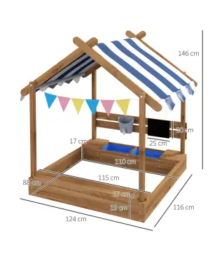 Arenero Infantil con Toldo 6 Banderines 2 Bandejas Grifo y Pizarra en Forma de Casa para Patio 124x116x146 cm Marrón