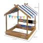 Arenero Infantil con Toldo 6 Banderines 2 Bandejas Grifo y Pizarra en Forma de Casa para Patio 124x116x146 cm Marrón