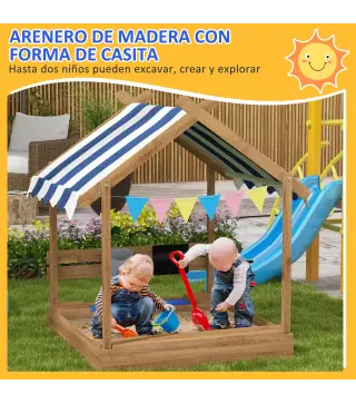 Arenero Infantil con Toldo 6 Banderines 2 Bandejas Grifo y Pizarra en Forma de Casa para Patio 124x116x146 cm Marrón