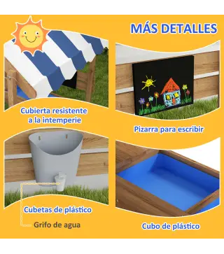 Arenero Infantil con Toldo 6 Banderines 2 Bandejas Grifo y Pizarra en Forma de Casa para Patio 124x116x146 cm Marrón