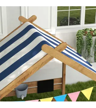 Arenero Infantil con Toldo 6 Banderines 2 Bandejas Grifo y Pizarra en Forma de Casa para Patio 124x116x146 cm Marrón