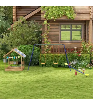 Arenero Infantil con Toldo 6 Banderines 2 Bandejas Grifo y Pizarra en Forma de Casa para Patio 124x116x146 cm Marrón