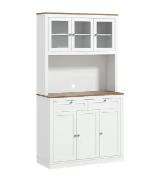 Armario de Cocina con 3 Puertas de Vidrio Compartimento Abierto 2 Cajones y Estantes Ajustables 100x40x180 cm Blanco