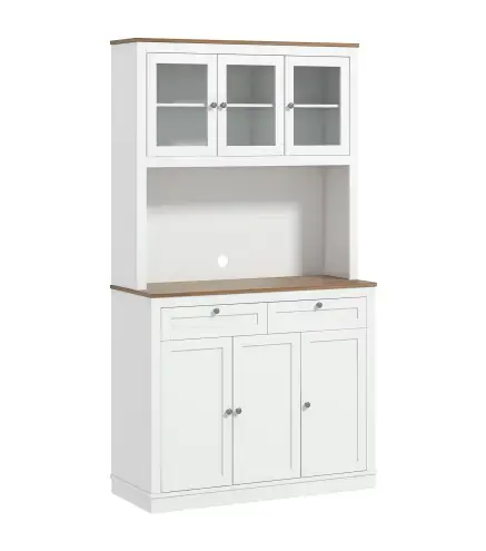 Armario de Cocina con 3 Puertas de Vidrio Compartimento Abierto 2 Cajones y Estantes Ajustables 100x40x180 cm Blanco