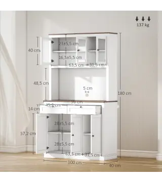 Armario de Cocina con 3 Puertas de Vidrio Compartimento Abierto 2 Cajones y Estantes Ajustables 100x40x180 cm Blanco