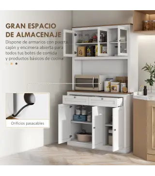 Armario de Cocina con 3 Puertas de Vidrio Compartimento Abierto 2 Cajones y Estantes Ajustables 100x40x180 cm Blanco