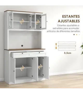 Armario de Cocina con 3 Puertas de Vidrio Compartimento Abierto 2 Cajones y Estantes Ajustables 100x40x180 cm Blanco