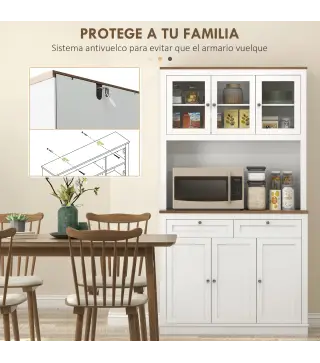 Armario de Cocina con 3 Puertas de Vidrio Compartimento Abierto 2 Cajones y Estantes Ajustables 100x40x180 cm Blanco