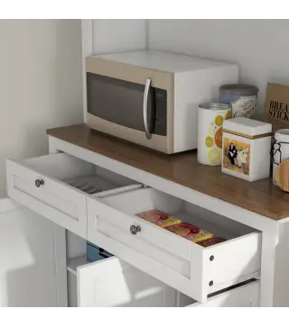 Armario de Cocina con 3 Puertas de Vidrio Compartimento Abierto 2 Cajones y Estantes Ajustables 100x40x180 cm Blanco