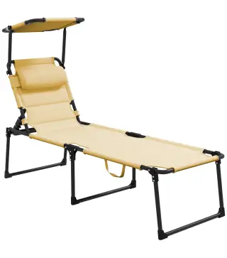 Tumbona de Jardín con Toldo Ajustable Respaldo Regulable en 4 Niveles Reposacabezas para Terraza 70x200x45 cm Crema