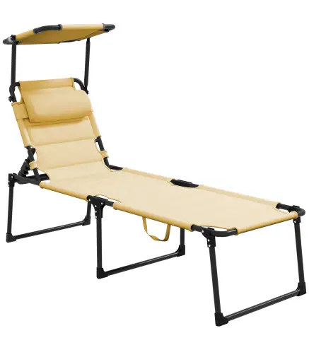 Tumbona de Jardín con Toldo Ajustable Respaldo Regulable en 4 Niveles Reposacabezas para Terraza 70x200x45 cm Crema