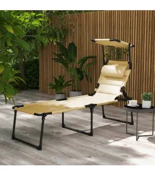 Tumbona de Jardín con Toldo Ajustable Respaldo Regulable en 4 Niveles Reposacabezas para Terraza 70x200x45 cm Crema