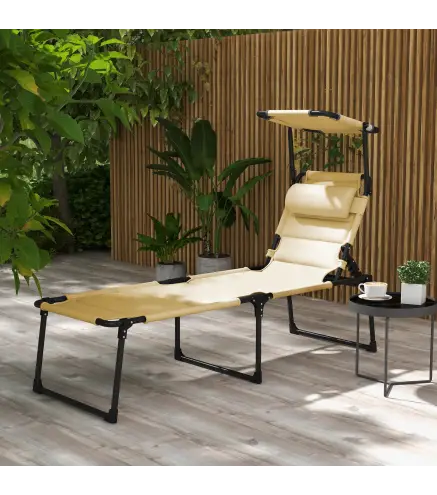 Tumbona de Jardín con Toldo Ajustable Respaldo Regulable en 4 Niveles Reposacabezas para Terraza 70x200x45 cm Crema