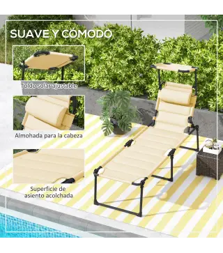 Tumbona de Jardín con Toldo Ajustable Respaldo Regulable en 4 Niveles Reposacabezas para Terraza 70x200x45 cm Crema