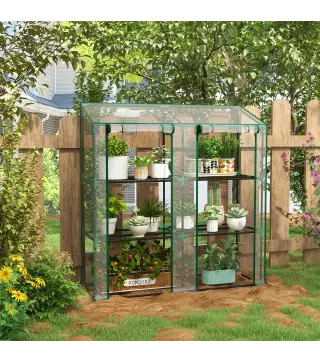 Invernadero de Jardín de 3 Niveles con Estantes Techo Inclinado y Puertas con Cremallera 143x46x141/151 cm Transparente