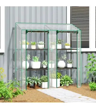 Invernadero de Jardín de 3 Niveles con Estantes Techo Inclinado y Puertas con Cremallera 143x46x141/151 cm Transparente