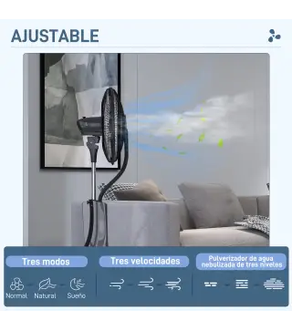Ventilador Nebulizador de 3 Velocidades con Temporizador 3 Modos y Ruedas Depósito 3L 44,5x38,5x120 cm Negro
