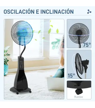 Ventilador Nebulizador de 3 Velocidades con Temporizador 3 Modos y Ruedas Depósito 3L 44,5x38,5x120 cm Negro