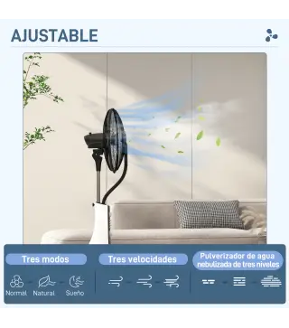 Ventilador Nebulizador de 3 Velocidades con Temporizador 3 Modos y Ruedas Depósito 3L 44,5x38,5x120 cm Negro y Blanco