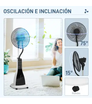 Ventilador Nebulizador de 3 Velocidades con Temporizador 3 Modos y Ruedas Depósito 3L 44,5x38,5x120 cm Negro y Blanco