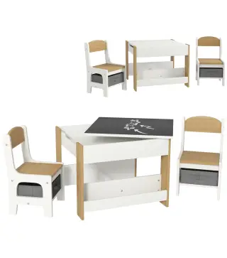 Juego de Mesa con Sillas para Niños 2 en 1 con Pizarra Cajones de Tela y Espacio de Almacenamiento Blanco y Natural