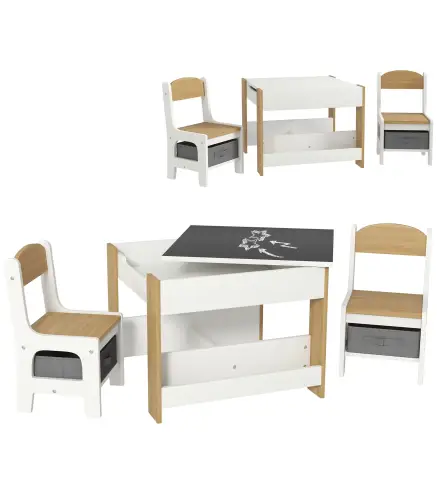 Juego de Mesa con Sillas para Niños 2 en 1 con Pizarra Cajones de Tela y Espacio de Almacenamiento Blanco y Natural
