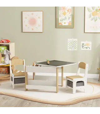 Juego de Mesa con Sillas para Niños 2 en 1 con Pizarra Cajones de Tela y Espacio de Almacenamiento Blanco y Natural