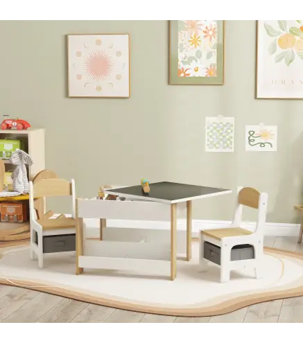 Juego de Mesa con Sillas para Niños 2 en 1 con Pizarra Cajones de Tela y Espacio de Almacenamiento Blanco y Natural