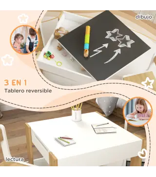 Juego de Mesa con Sillas para Niños 2 en 1 con Pizarra Cajones de Tela y Espacio de Almacenamiento Blanco y Natural