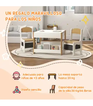 Juego de Mesa con Sillas para Niños 2 en 1 con Pizarra Cajones de Tela y Espacio de Almacenamiento Blanco y Natural