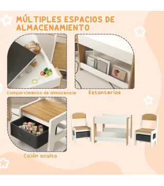 Juego de Mesa con Sillas para Niños 2 en 1 con Pizarra Cajones de Tela y Espacio de Almacenamiento Blanco y Natural
