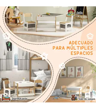 Juego de Mesa con Sillas para Niños 2 en 1 con Pizarra Cajones de Tela y Espacio de Almacenamiento Blanco y Natural