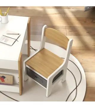 Juego de Mesa con Sillas para Niños 2 en 1 con Pizarra Cajones de Tela y Espacio de Almacenamiento Blanco y Natural