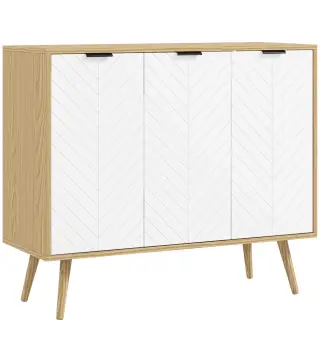 Mueble Buffet Auxiliar con Estantes Ajustables 3 Puertas Carga 50 kg 91,5x35x77,4 cm Blanco y Natural