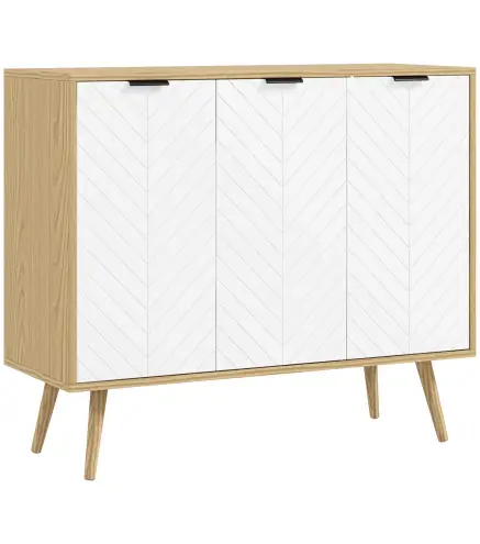 Mueble Buffet Auxiliar con Estantes Ajustables 3 Puertas Carga 50 kg 91,5x35x77,4 cm Blanco y Natural