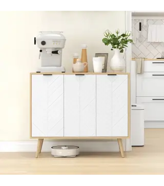 Mueble Buffet Auxiliar con Estantes Ajustables 3 Puertas Carga 50 kg 91,5x35x77,4 cm Blanco y Natural