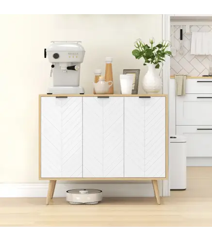 Mueble Buffet Auxiliar con Estantes Ajustables 3 Puertas Carga 50 kg 91,5x35x77,4 cm Blanco y Natural