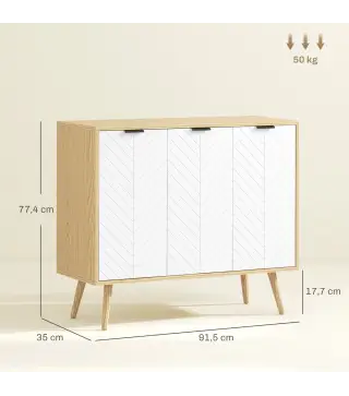 Mueble Buffet Auxiliar con Estantes Ajustables 3 Puertas Carga 50 kg 91,5x35x77,4 cm Blanco y Natural