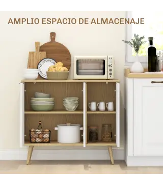 Mueble Buffet Auxiliar con Estantes Ajustables 3 Puertas Carga 50 kg 91,5x35x77,4 cm Blanco y Natural